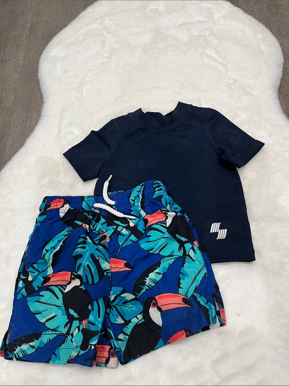 Place Boys Navy Rash Guard & Blue Toucan Print Swim Shorts